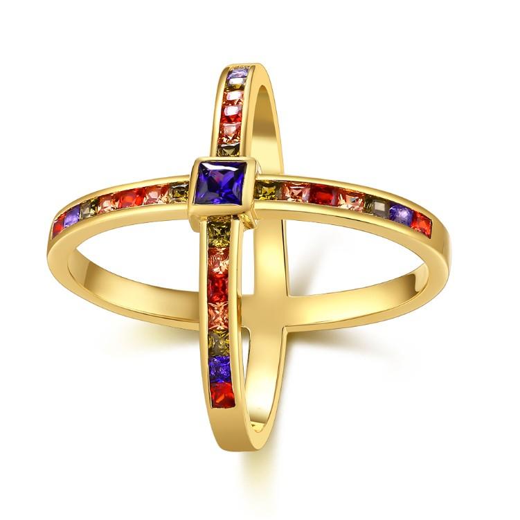 Rainbow Swarovski Criss-Cross Statement Ring in Gold