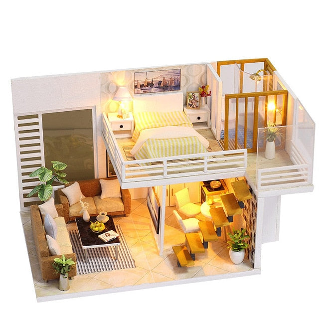 Cutebee DIY House Miniature with Furniture LED Music Dust Cover Model Building Blocks Toys for Children Casa De Boneca TD16