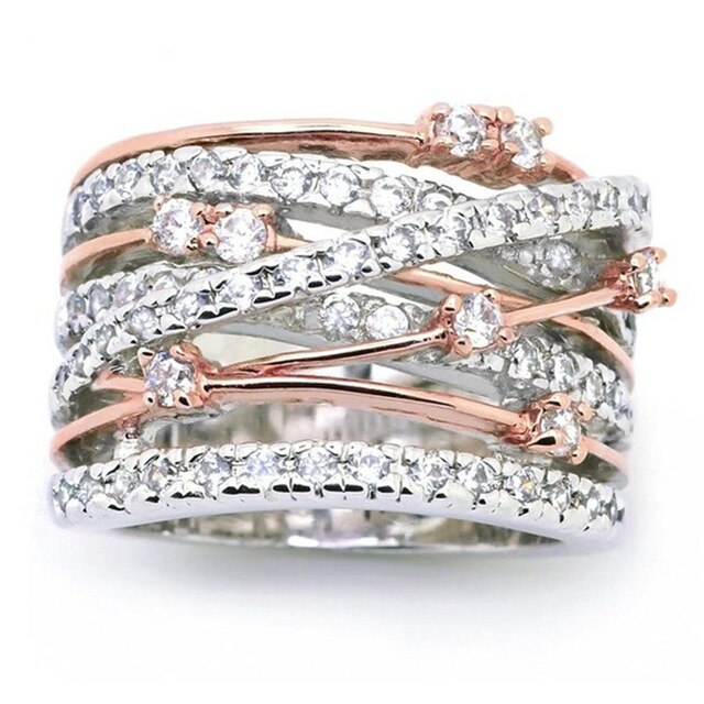 New Rose Gold Rings For Women Full Crystal Rhinestone Wedding Ring For Ladies Women Accessories Across Finger Rings Jewelry Gift