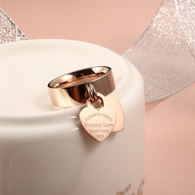 Rose Gold Plating Girl Women Ring Pendants Stainless Steel Charm Finger Rings Sweet Heart Trendy Female Jewelry Gift Multi-size