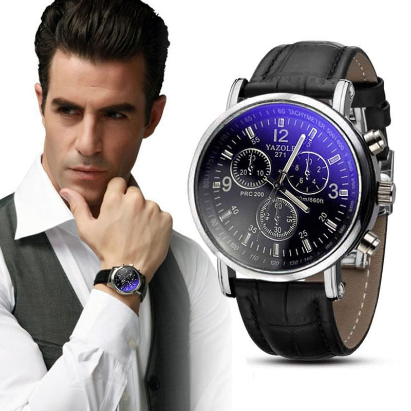 Brand Luxury Fashion Leather Watches Mens Blue Ray Glass Quartz Analog