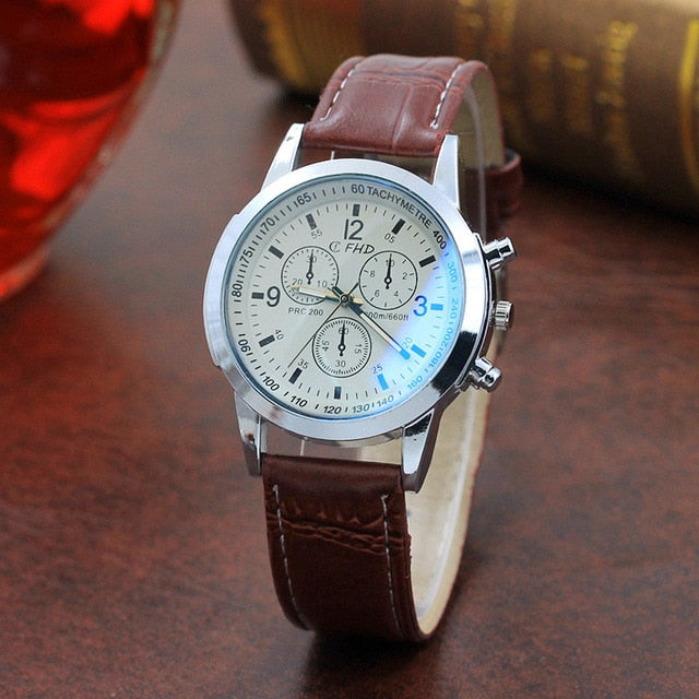 Brand Luxury Fashion Leather Watches Mens Blue Ray Glass Quartz Analog