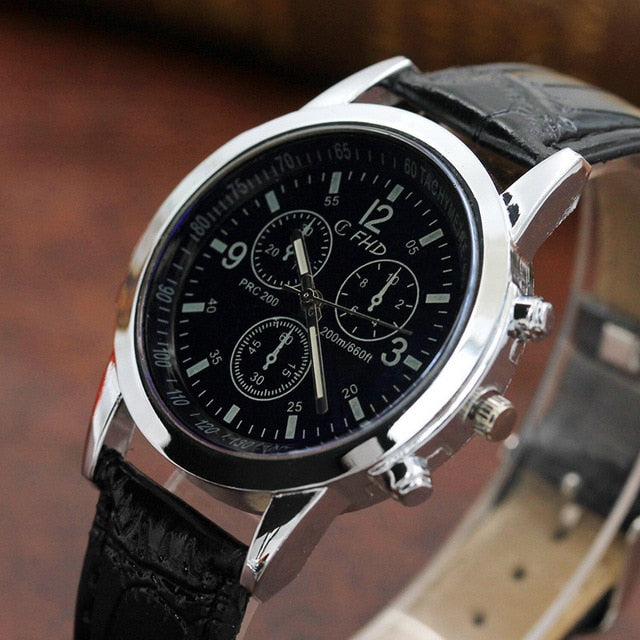 Brand Luxury Fashion Leather Watches Mens Blue Ray Glass Quartz Analog