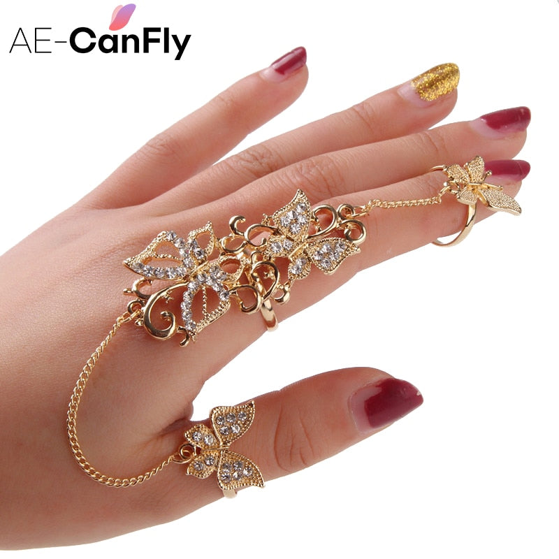 Rhinestone Flower Butterfly Full Finger Rings for Women Gold Chian Link Double Armor Ring Wholesale 1D2011