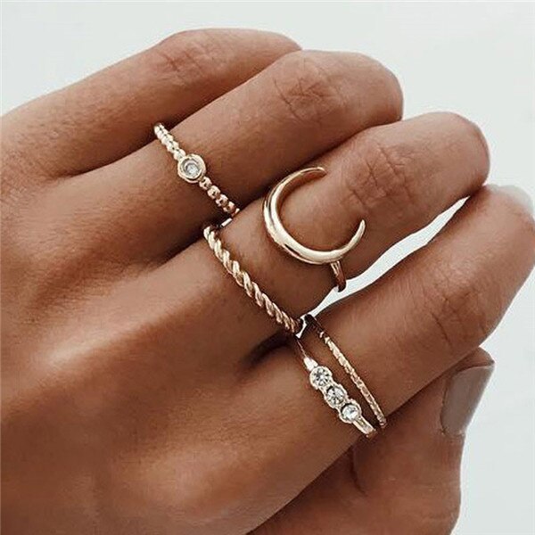 LETAPI Bohemia Women Rings Fashion Crystal Metal Moon Crown Party Jewelry Ring Set For Women