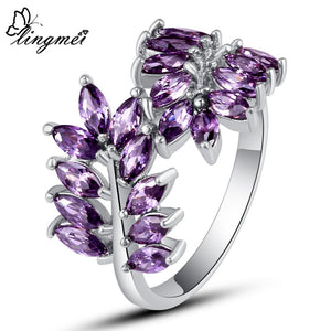 lingmei Wholesale  New Maple Leaf Design Marquise Purple Zircon Women Engagement Unisex Jewelry Silver Ring Size 6 7 8 9 10