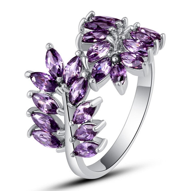 lingmei Wholesale  New Maple Leaf Design Marquise Purple Zircon Women Engagement Unisex Jewelry Silver Ring Size 6 7 8 9 10