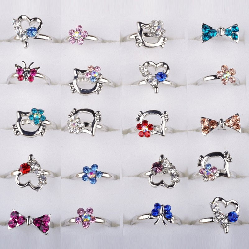 10pcs Lot Fashion Zinc Alloy Finger Ring Girls Anillos Rhinstone Bow Heart Jewelry Princess Children Kids Rings Party Gift