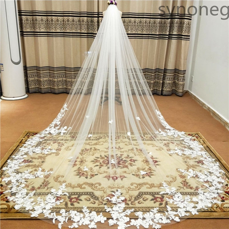 Real Photo 3m One Layer Wedding Veil With Comb White Lace Edge Bridal Veils Ivory Appliqued Cathedral Wedding Veil