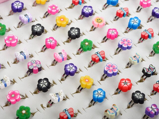 PINKSEE 10Pcs Mixed Colors Polymer Clay Children Kids Flower Finger Rings Lovely Fashion Jewelry For Gift Adjustable Wholesale