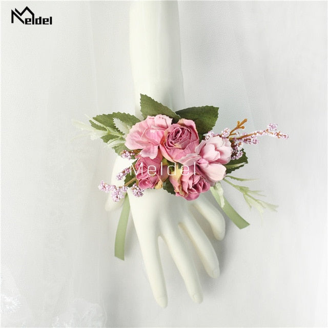 Meldel Wrist Corsage Wedding Men Boutonniere Girl Bracelet Groom Pins Bridesmaid Wrist Corsage Flower Silk Red Rose Boutonniere