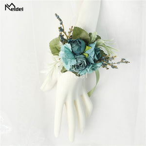 Meldel Wrist Corsage Wedding Men Boutonniere Girl Bracelet Groom Pins Bridesmaid Wrist Corsage Flower Silk Red Rose Boutonniere