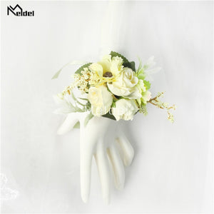 Meldel Wrist Corsage Wedding Men Boutonniere Girl Bracelet Groom Pins Bridesmaid Wrist Corsage Flower Silk Red Rose Boutonniere