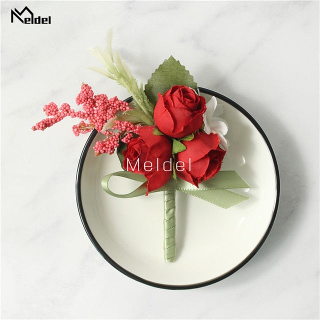 Meldel Wrist Corsage Wedding Men Boutonniere Girl Bracelet Groom Pins Bridesmaid Wrist Corsage Flower Silk Red Rose Boutonniere