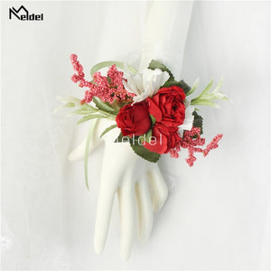 Meldel Wrist Corsage Wedding Men Boutonniere Girl Bracelet Groom Pins Bridesmaid Wrist Corsage Flower Silk Red Rose Boutonniere