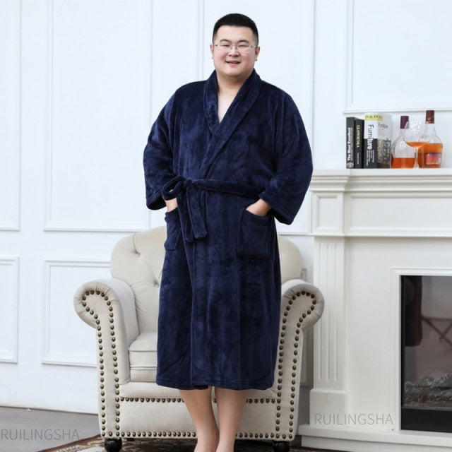 Men Plus Size Warm Flannel Bathrobe 40-130 KG Men Winter Coral Fleece Bath Robe Night Sleepwear Women Dressing Gown Cozy Robes