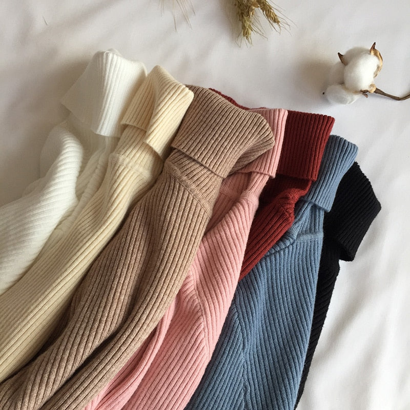 2020 Autumn Winter Thick Sweater Women Knitted Ribbed Pullover Sweater Long Sleeve Turtleneck Slim Jumper Soft Warm Pull Femme