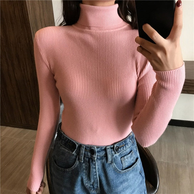 2020 Autumn Winter Thick Sweater Women Knitted Ribbed Pullover Sweater Long Sleeve Turtleneck Slim Jumper Soft Warm Pull Femme