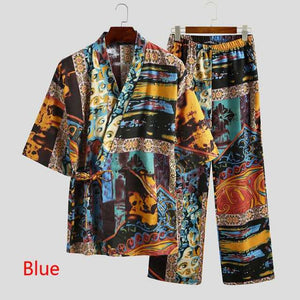 Men's Pajamas Sets Kimono Printed Cotton Half Sleeve V Neck Lace Up Sleepwear Pants Japanese Leisure Men Nightwear Suit INCERUN