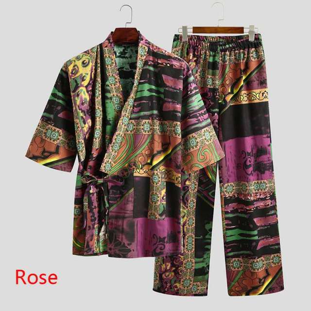 Men's Pajamas Sets Kimono Printed Cotton Half Sleeve V Neck Lace Up Sleepwear Pants Japanese Leisure Men Nightwear Suit INCERUN