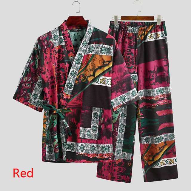 Men's Pajamas Sets Kimono Printed Cotton Half Sleeve V Neck Lace Up Sleepwear Pants Japanese Leisure Men Nightwear Suit INCERUN