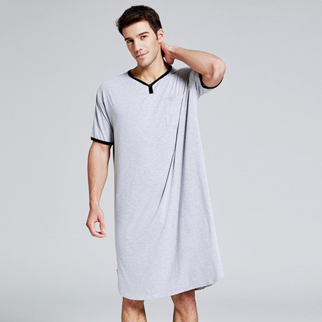 2020 Men Sleepwear Long Nightshirt Short Sleeve Nightwear Night Shirt Soft Comfortable Loose Sleep Shirt Male Home Clothing #3