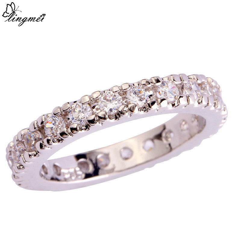 lingmei Cocktail Round White CZ  Silver Ring Size 6 7 8 9 10 11 12 13 Women Wedding Rings Romantic Love Style Wholesale