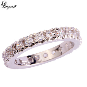 lingmei Cocktail Round White CZ  Silver Ring Size 6 7 8 9 10 11 12 13 Women Wedding Rings Romantic Love Style Wholesale