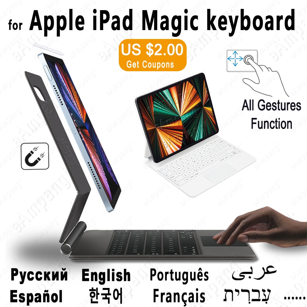 Magic Keyboard for iPad Pro 11 12.9 2021 2020 2018 iPad Air 4 Case Keyboard Hebrew Spanish Russian Korean Azerty Arabic Keyboard