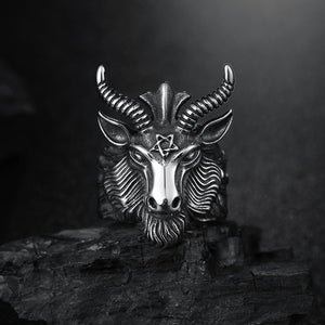 Fashion Big Sheep Goat Horn Head Ring Satan Worship Baphomet Aries Zodiac Wicca Star For Men Unique Biker Punk Animal Jewelry