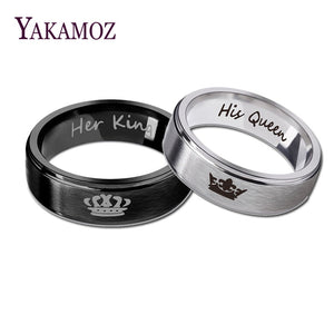 YAKAMOZ Fashion Stainless Steel Couple Rings Black Crown Her King His Queen Couple Jewelry Anniversary Valentine's Day Gifts