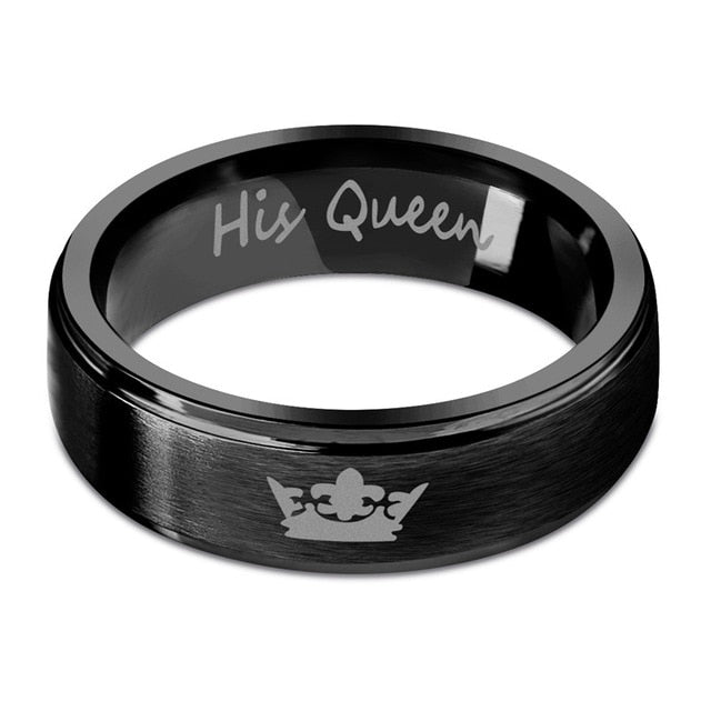 YAKAMOZ Fashion Stainless Steel Couple Rings Black Crown Her King His Queen Couple Jewelry Anniversary Valentine's Day Gifts