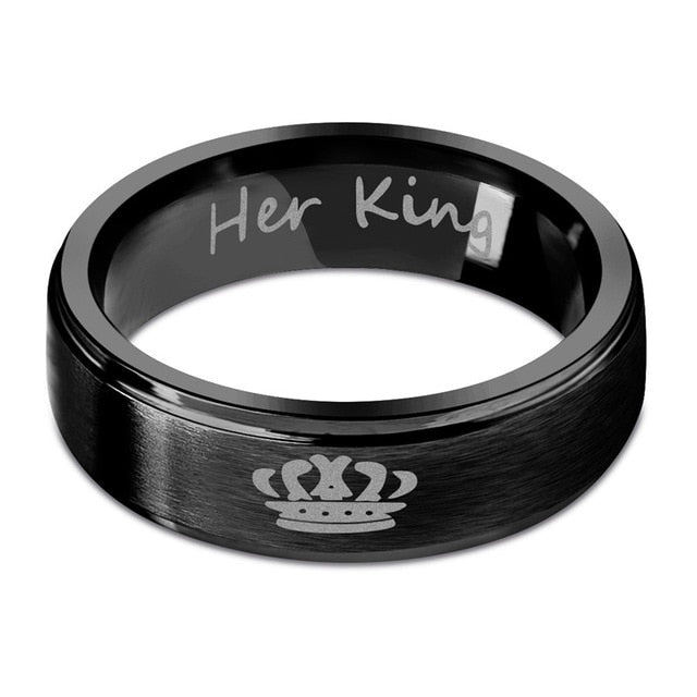 YAKAMOZ Fashion Stainless Steel Couple Rings Black Crown Her King His Queen Couple Jewelry Anniversary Valentine's Day Gifts