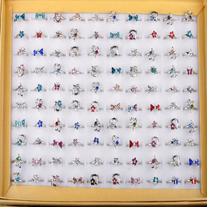 Wholesale Mix Lot 10pcs Kid Crystal Silver Rings for Girl Colorful Crystal Cartoon Wedding Ring Gift aneis infantis para meninas