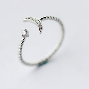 QIMING CZ Statement Crystal Ring Silver Jewelry White CZ Twisted Roped Crescent Moon Star Rings Women Adjustable Charming Gift