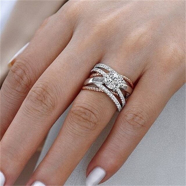 New Rose Gold Rings For Women Full Crystal Rhinestone Wedding Ring For Ladies Women Accessories Across Finger Rings Jewelry Gift