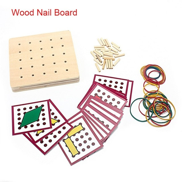 Wooden Rubber Iron Nail Board Cards Shapes and Colors Practical Life Skills Preschool Kids 2-4