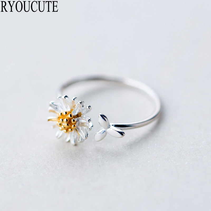 925 Sterling  Daisy Flower for Women Adjustable Size Rings Fashion Wedding Jewelry Anillos Mujer