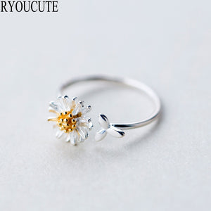 925 Sterling  Daisy Flower for Women Adjustable Size Rings Fashion Wedding Jewelry Anillos Mujer