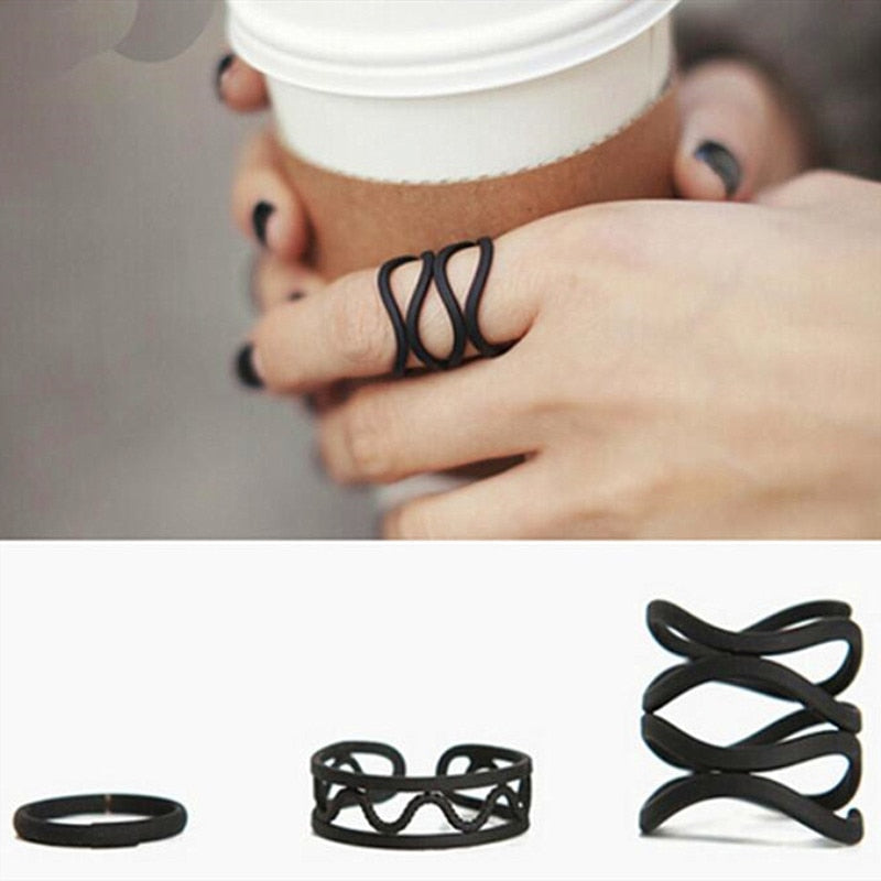 Timlee R049 Free shipping New Simple Frosted Black  Geometry Wave Finger Rings Set ,3pcs/set Fashion Jewelry Wholesale