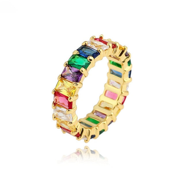 HPXmas 2019 New Gold filled fully-jewelled Rainbow colorful multi colorcubic zirconia Eternity square baguette Finger ring A86