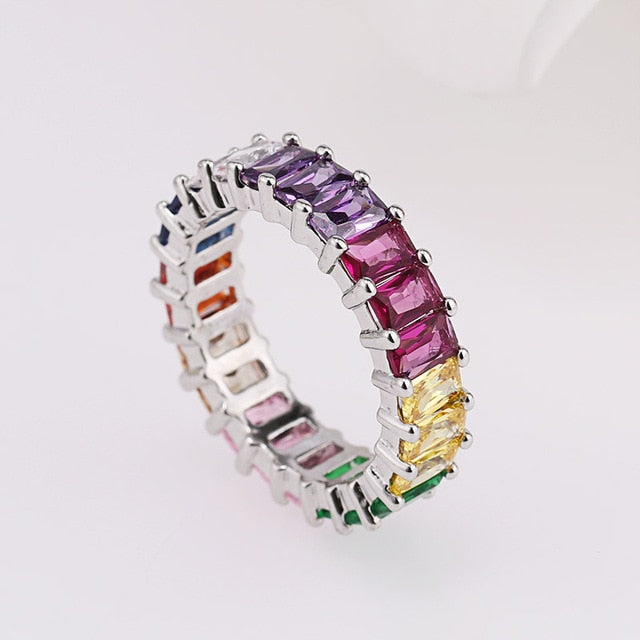 HPXmas 2019 New Gold filled fully-jewelled Rainbow colorful multi colorcubic zirconia Eternity square baguette Finger ring A86