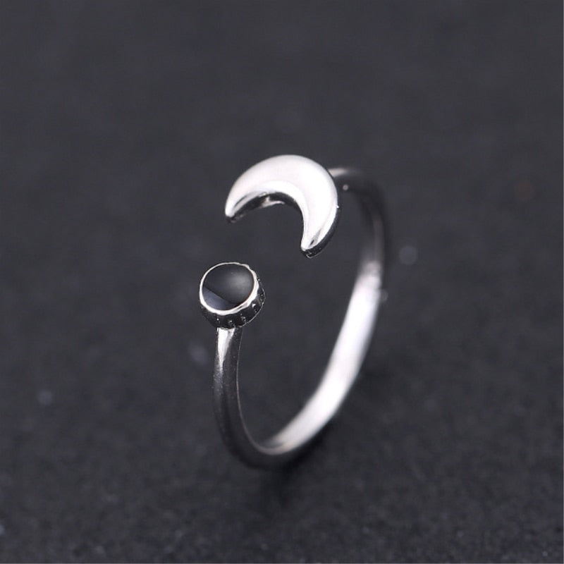 Moon Black Epoxy 925 Sterling  Retro Literary Personality Female Resizable Opening Rings SRI072